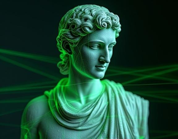 Scansione laser 3D ad alta precisione di una statua romana in marmo grigio, con linee laser verdi che mappano delicatamente la superficie, rilevando ogni minima imperfezione.